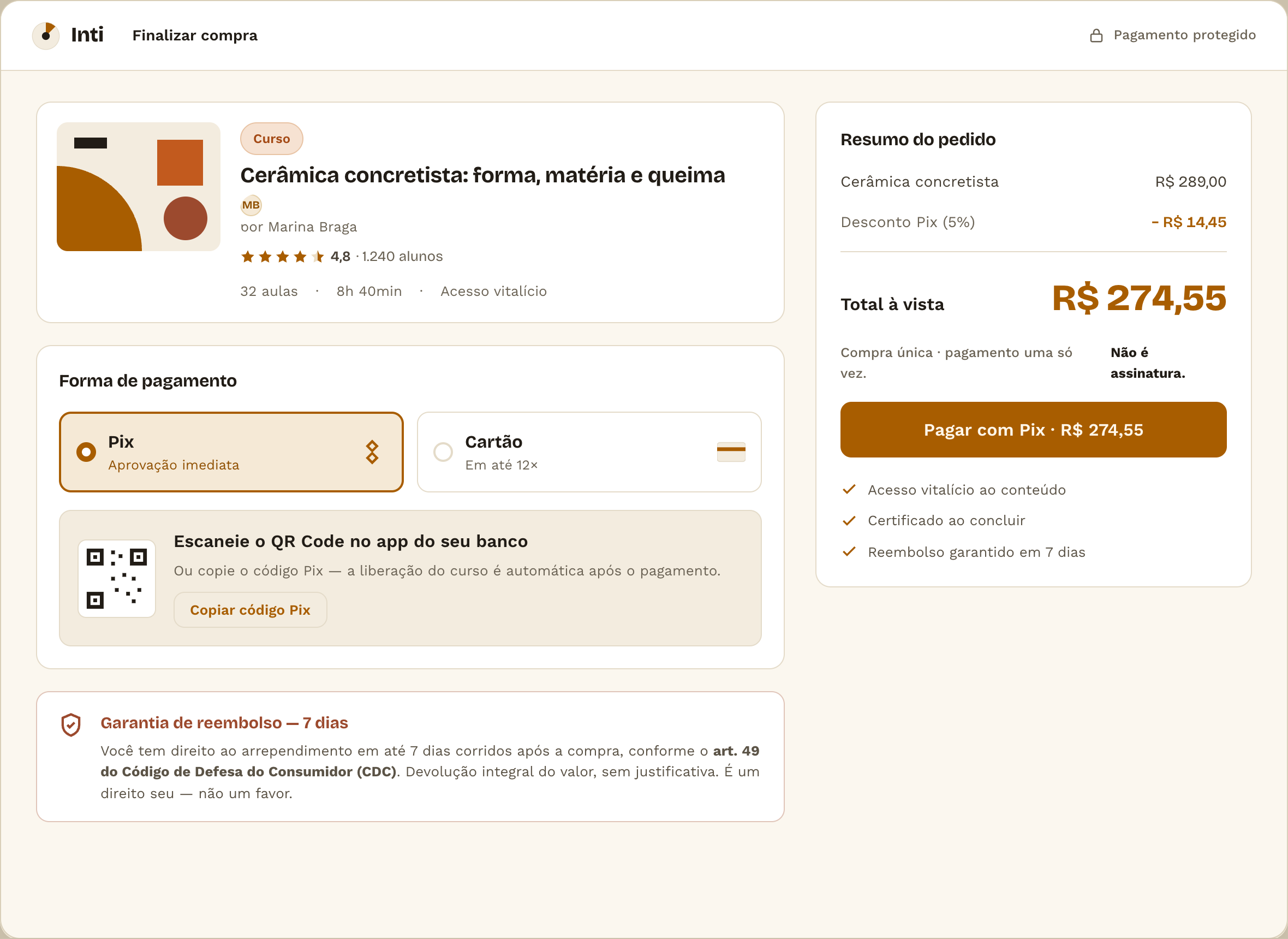 Tela: checkout — preço claro, acesso vitalício, direito de 7 dias antes da compra, conta global