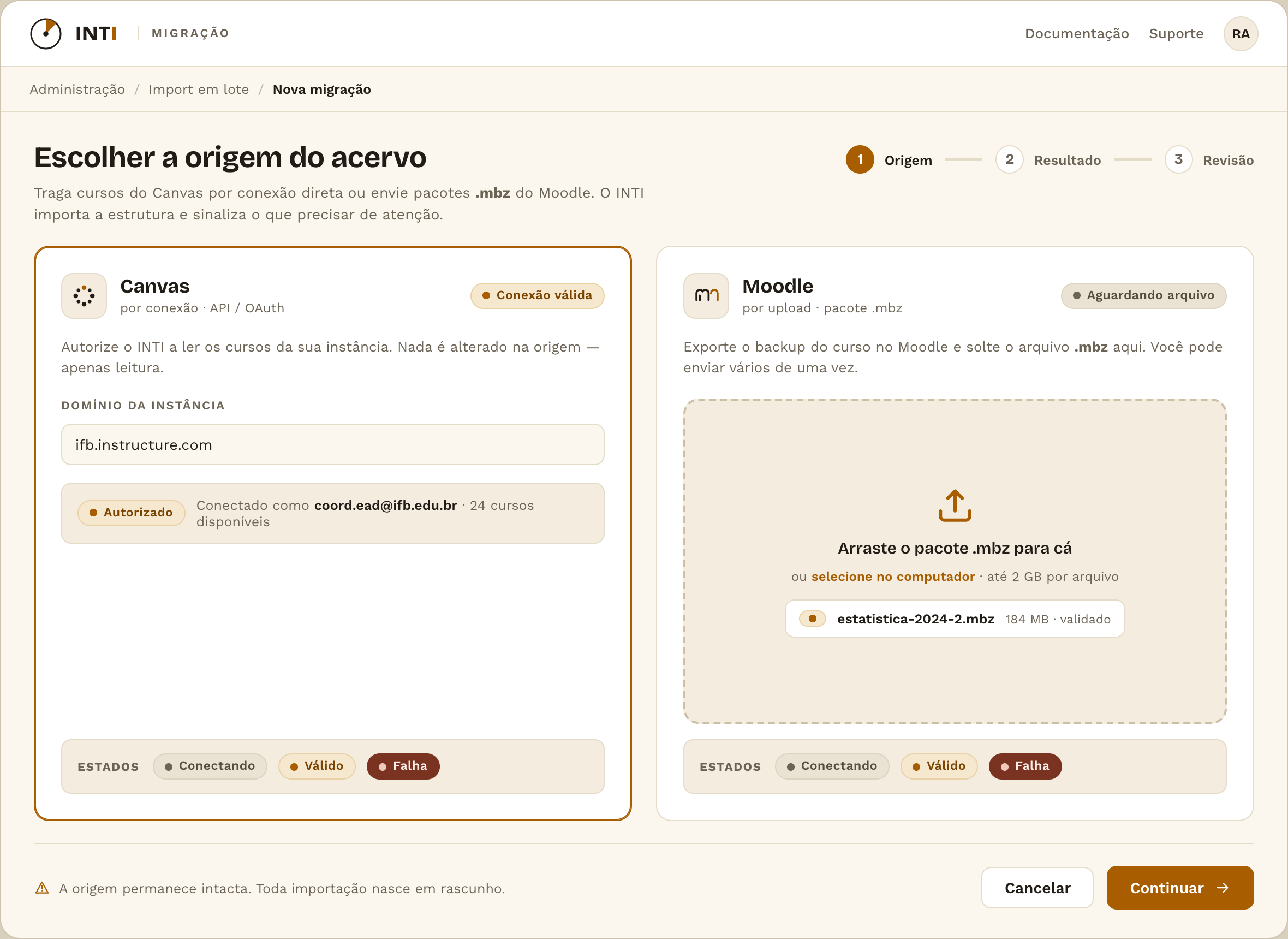Tela: escolher origem da migração — Canvas por conexão, Moodle por upload .mbz
