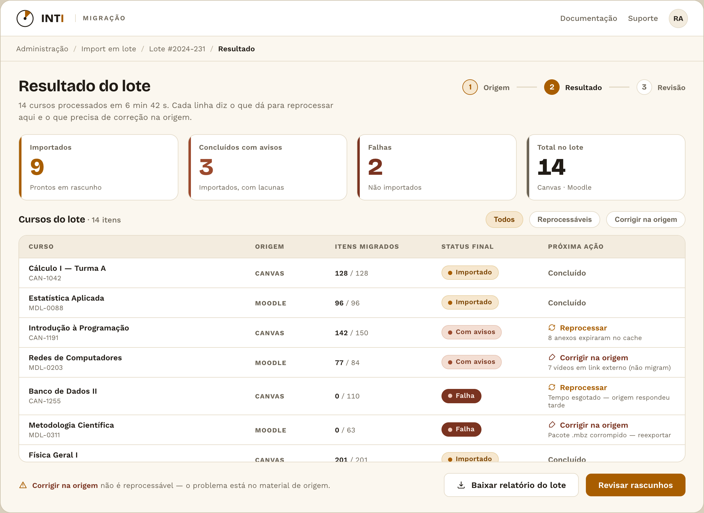 Tela: resultado do lote — importados, concluídos com avisos, falhas classificadas