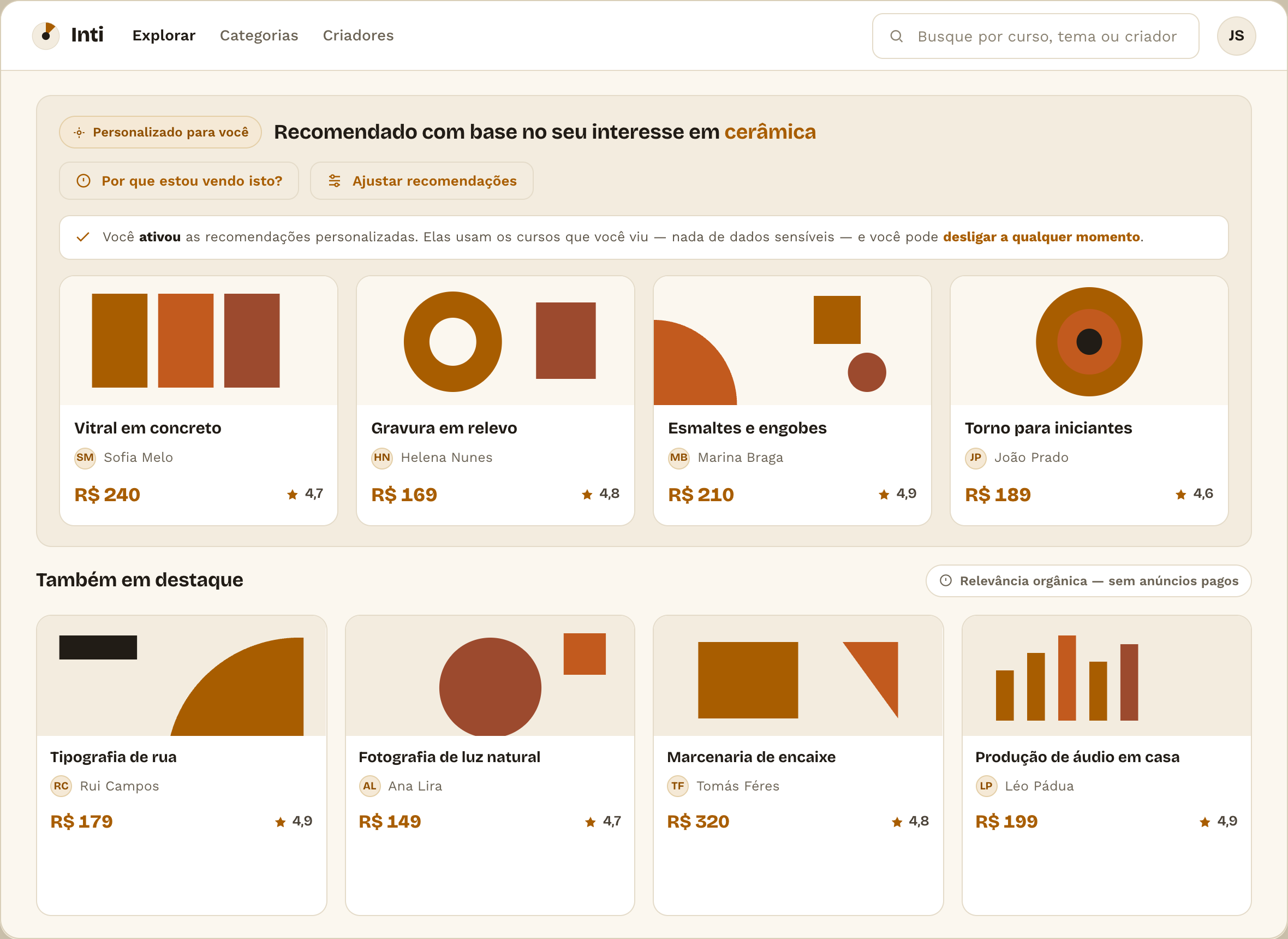Tela: marketplace com recomendação ligada — bloco 'Recomendado para você' com o porquê de cada sugestão