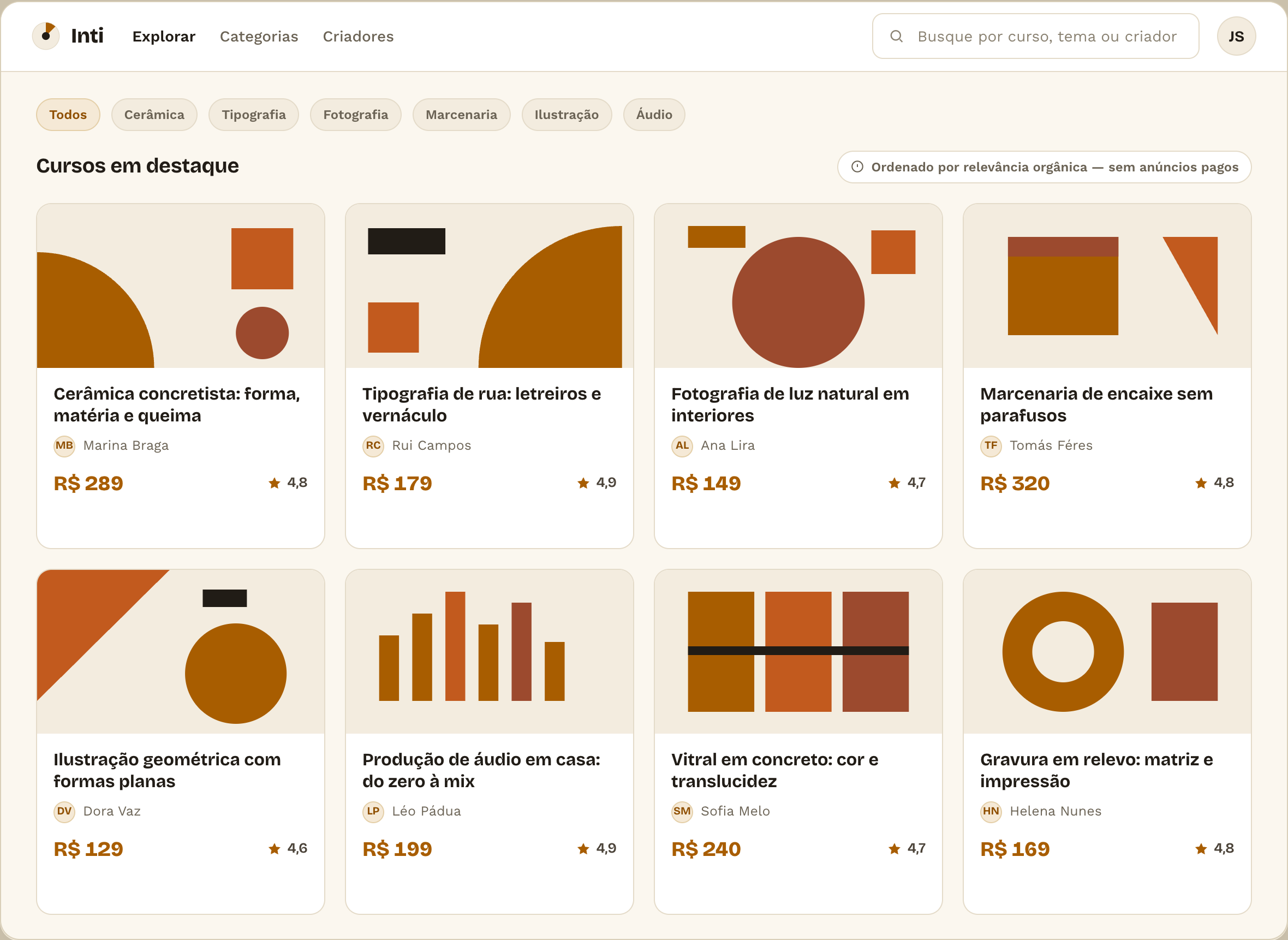 Tela: home do marketplace — busca, categorias, curadoria com critério transparente, recomendação opt-in