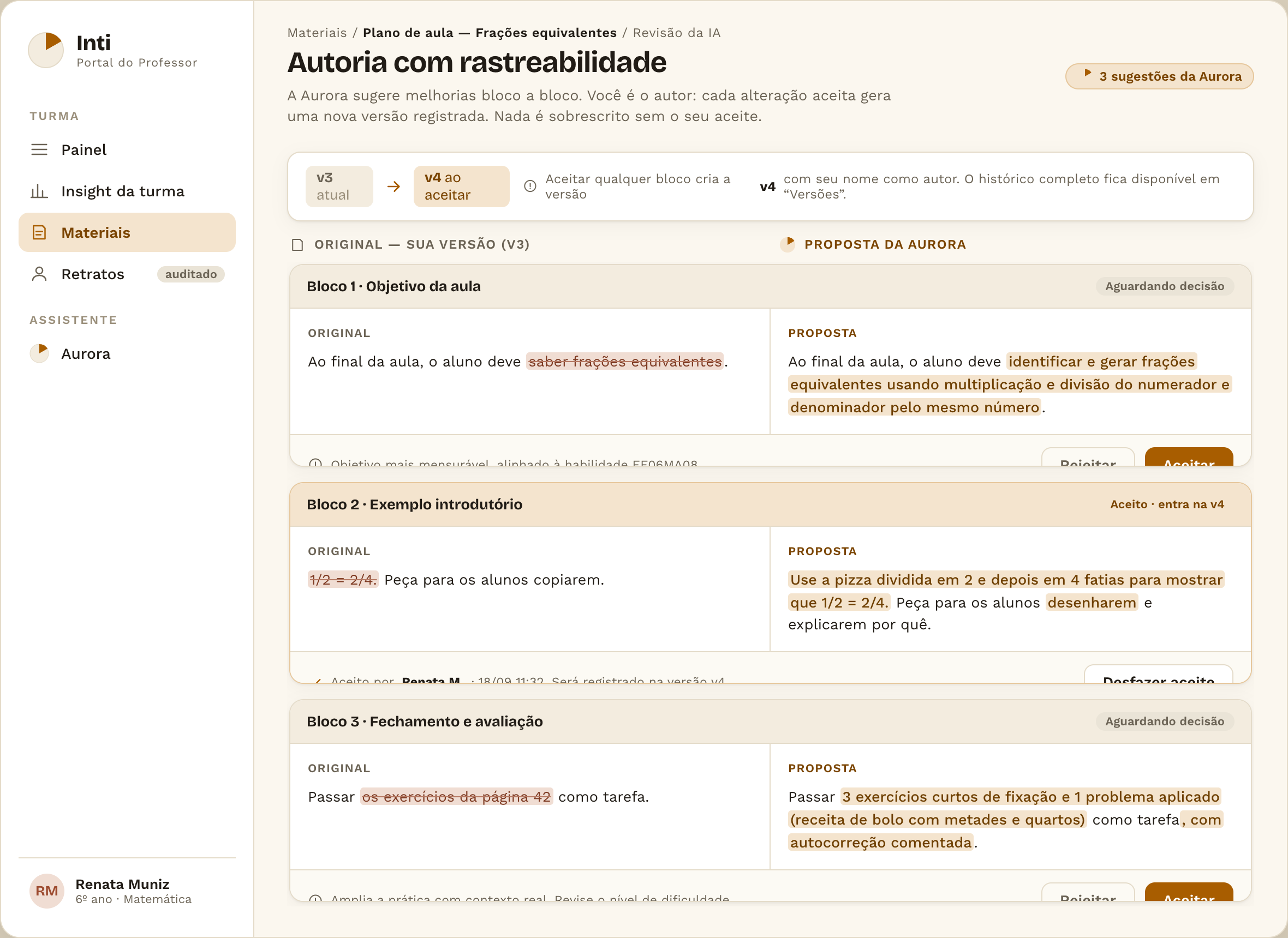 Tela: autoria com rastreabilidade — revisão por bloco, original x proposta, portão de aceite que cria nova versão